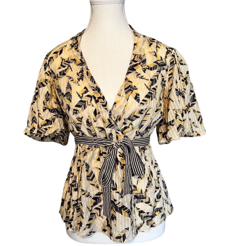 BCBGMaxazria Women's S Sheer Feather Print Wrap Blouse Balloon Sleeve Peplum Top